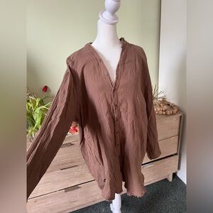 Brown Tan Long-Sleeve Gauzy Textured 100% Cotton Tunic Button Down Shirt Dress S